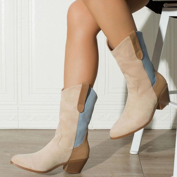 Lipijixi Women Apricot Cowboy Stacked Heel Embroider Wide Calf Cowgirl Boots - Picture 7 of 7